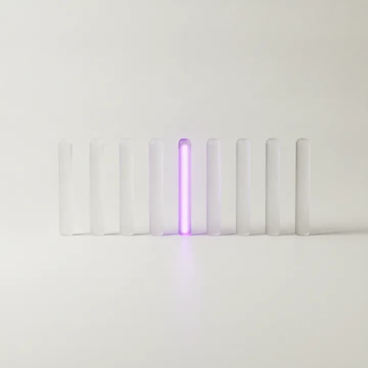Abstract illustration: a row of identical glass rods with one lit from within